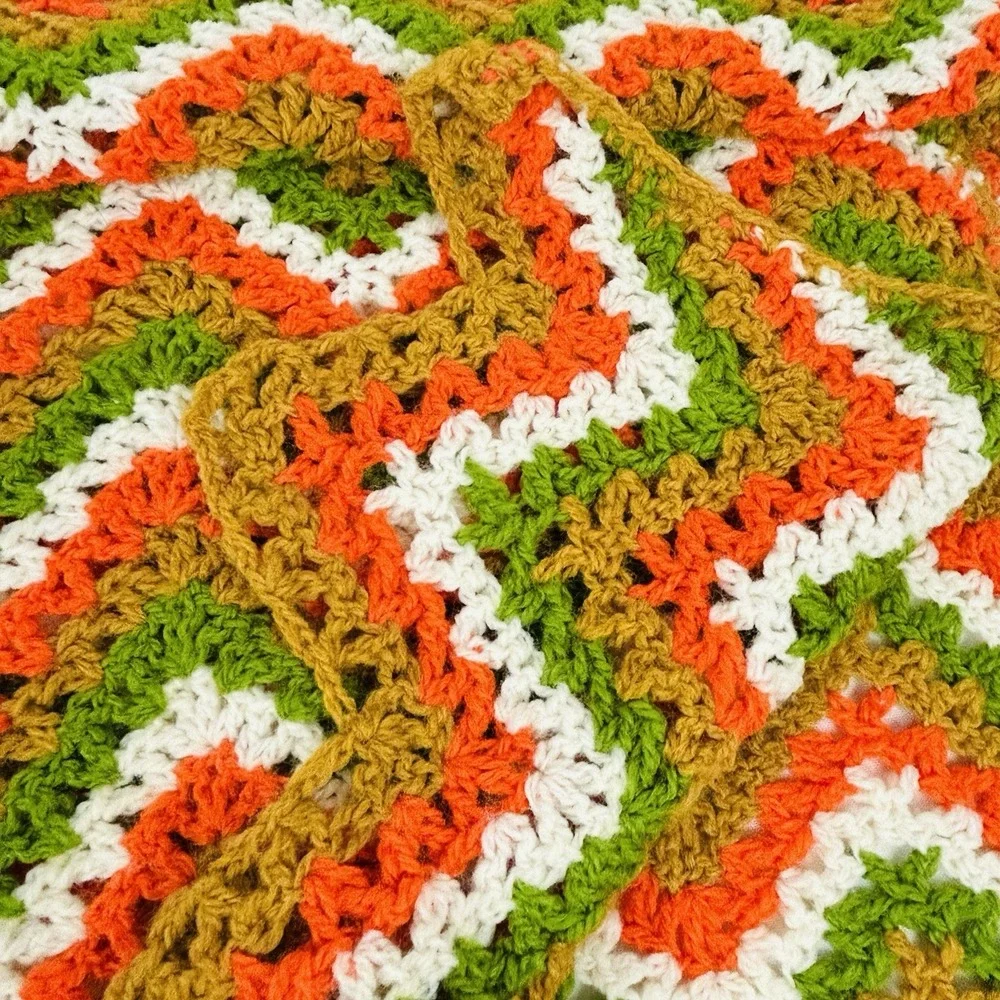 Handmade Throw Blanket Crocheted Granny Afghan Green Gold Orange White 80 x 48